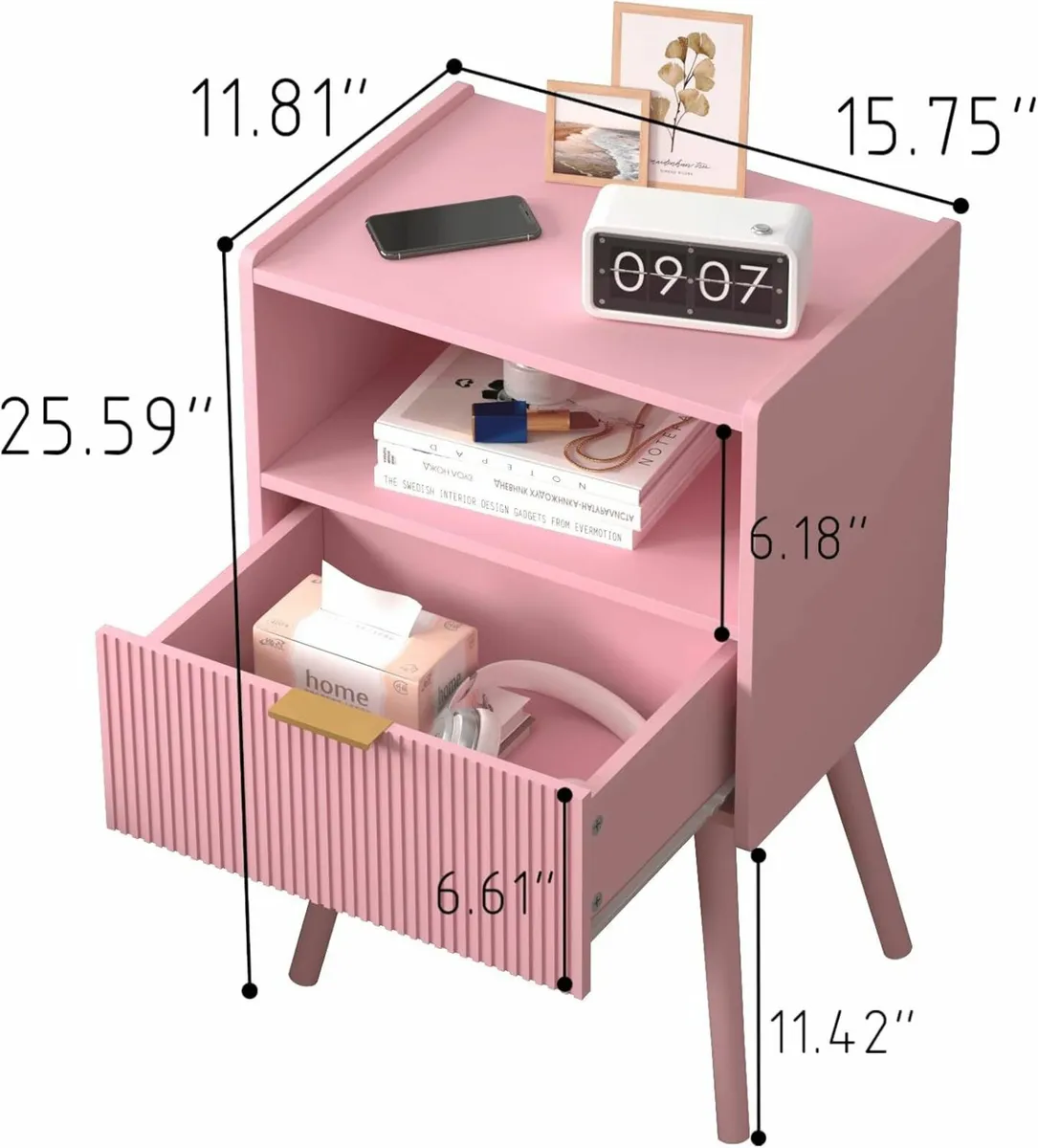 Modern Bedside Table with Storage Drawer and Open - Image 2