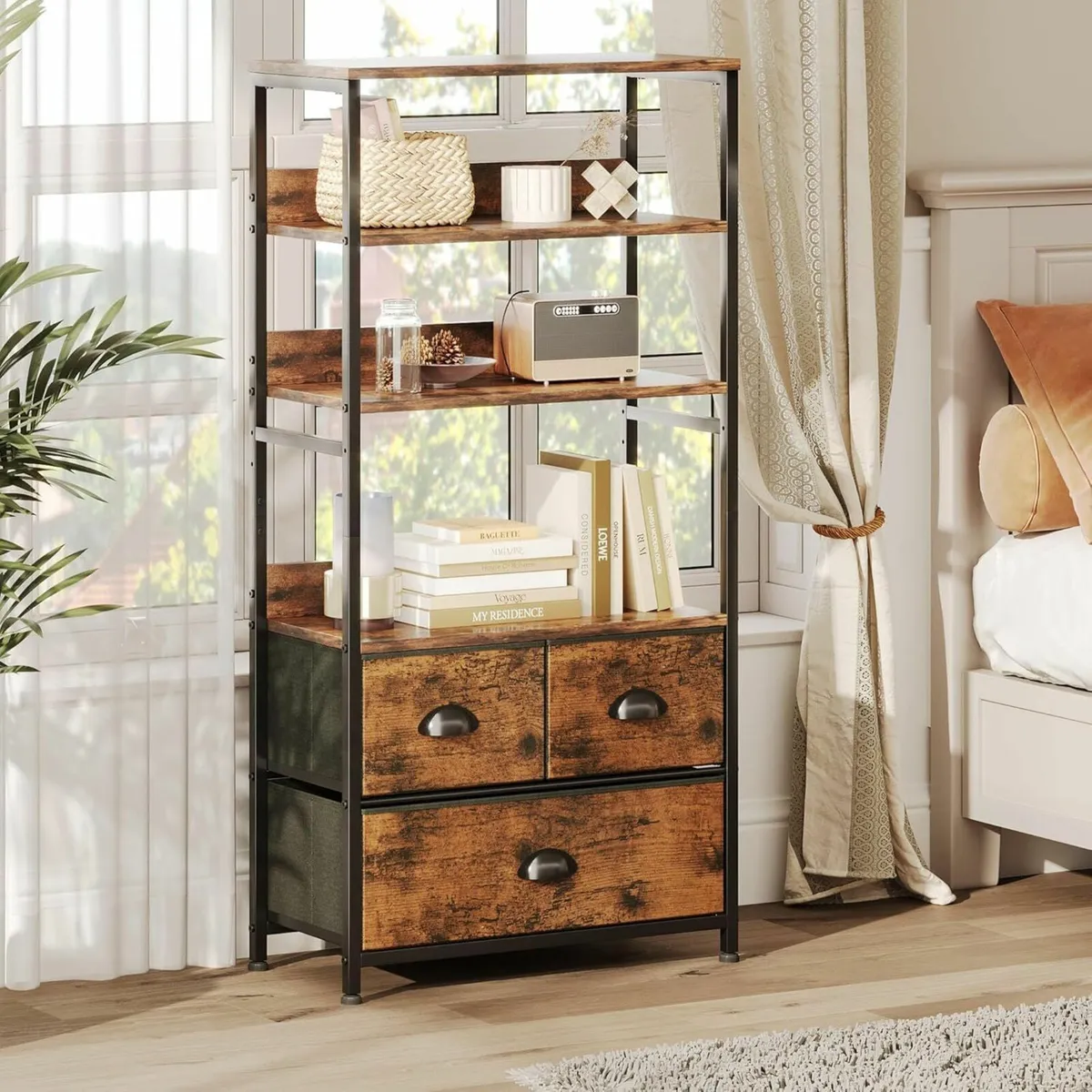 4-Tier Industrial Bookshelf with 3 Fabric Drawers - Image 1