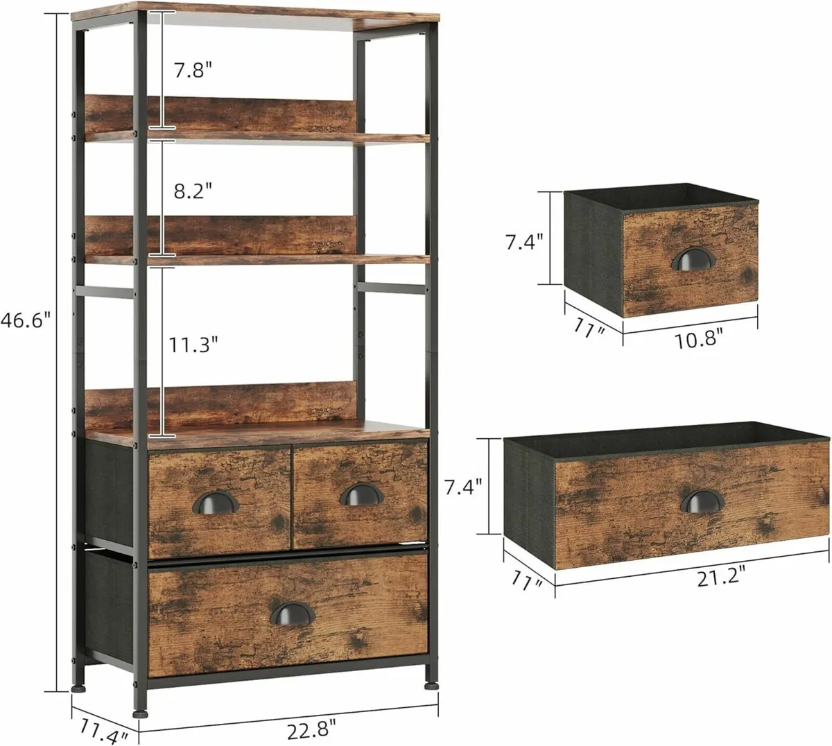4-Tier Industrial Bookshelf with 3 Fabric Drawers - Image 2