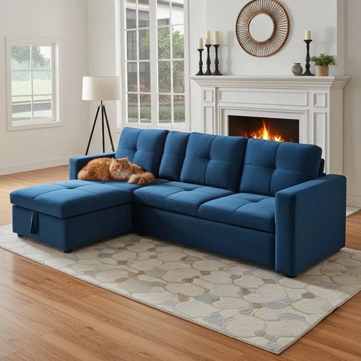 Amazing Blue Velvet corner sofa bed with storage - Image 1
