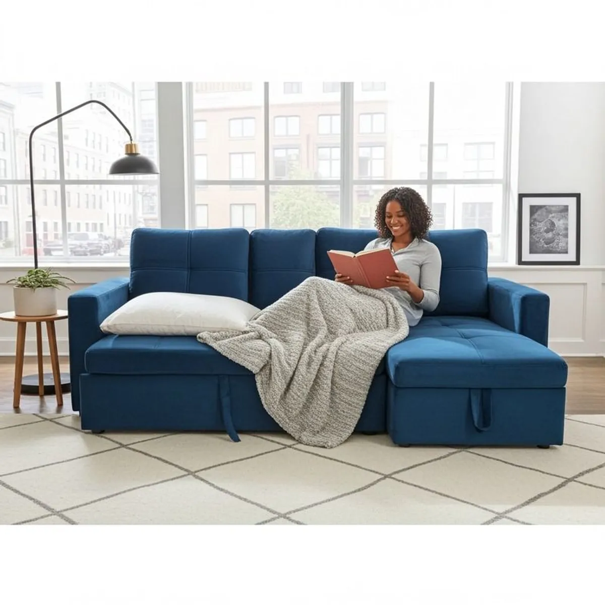 Amazing Blue Velvet corner sofa bed with storage - Image 4