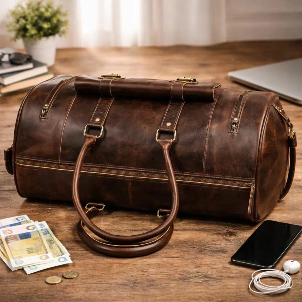 Handmade Genuine Leather Duffel Bag Gym Bag - Image 3