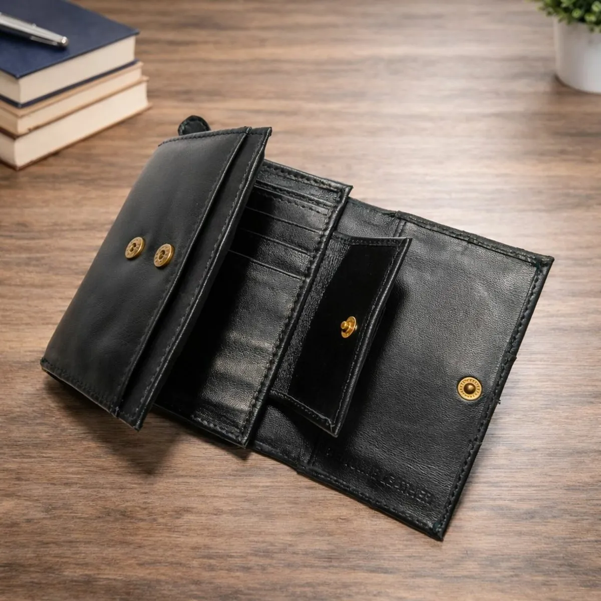 Women Black Leather Wallet Compact Ladies Clutch - Image 3