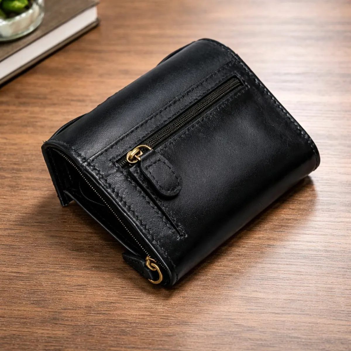 Women Black Leather Wallet Compact Ladies Clutch - Image 4