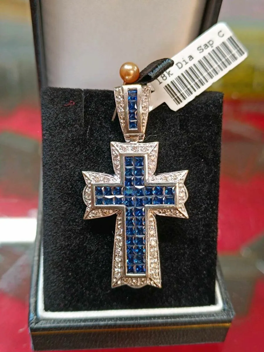 Blue Sapphire & Diamond Cross 18k White Gold - Image 2