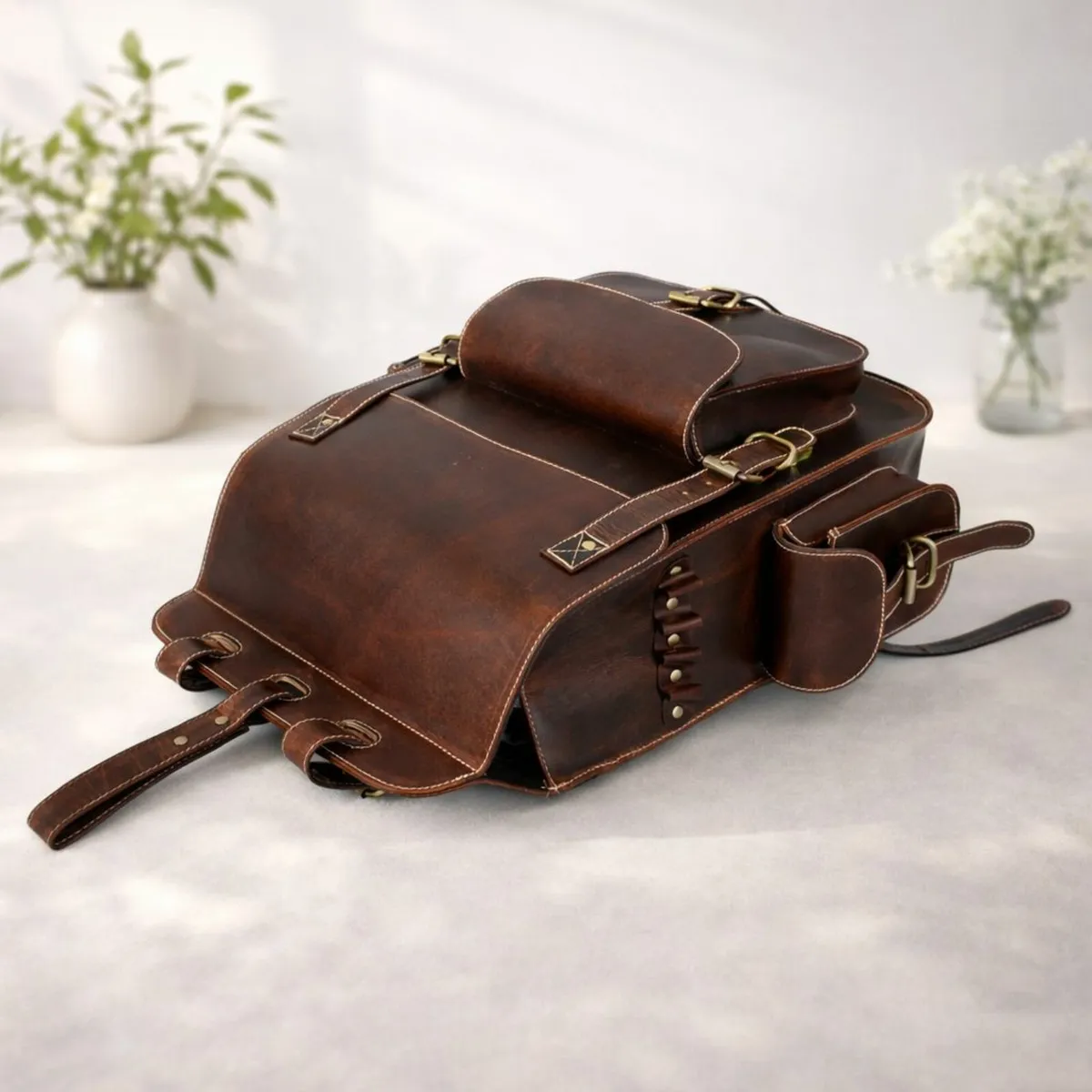 Handmade Genuine Leather Unisex Vintage Backpack - Image 4
