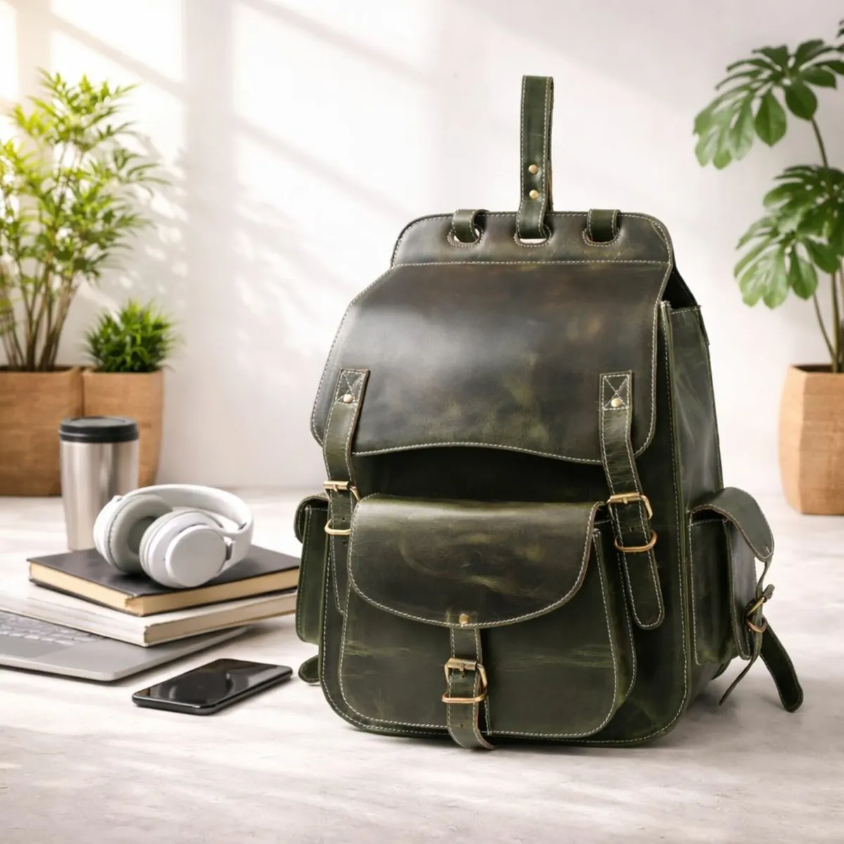 Handmade Genuine Leather Unisex Vintage Backpack - Image 1