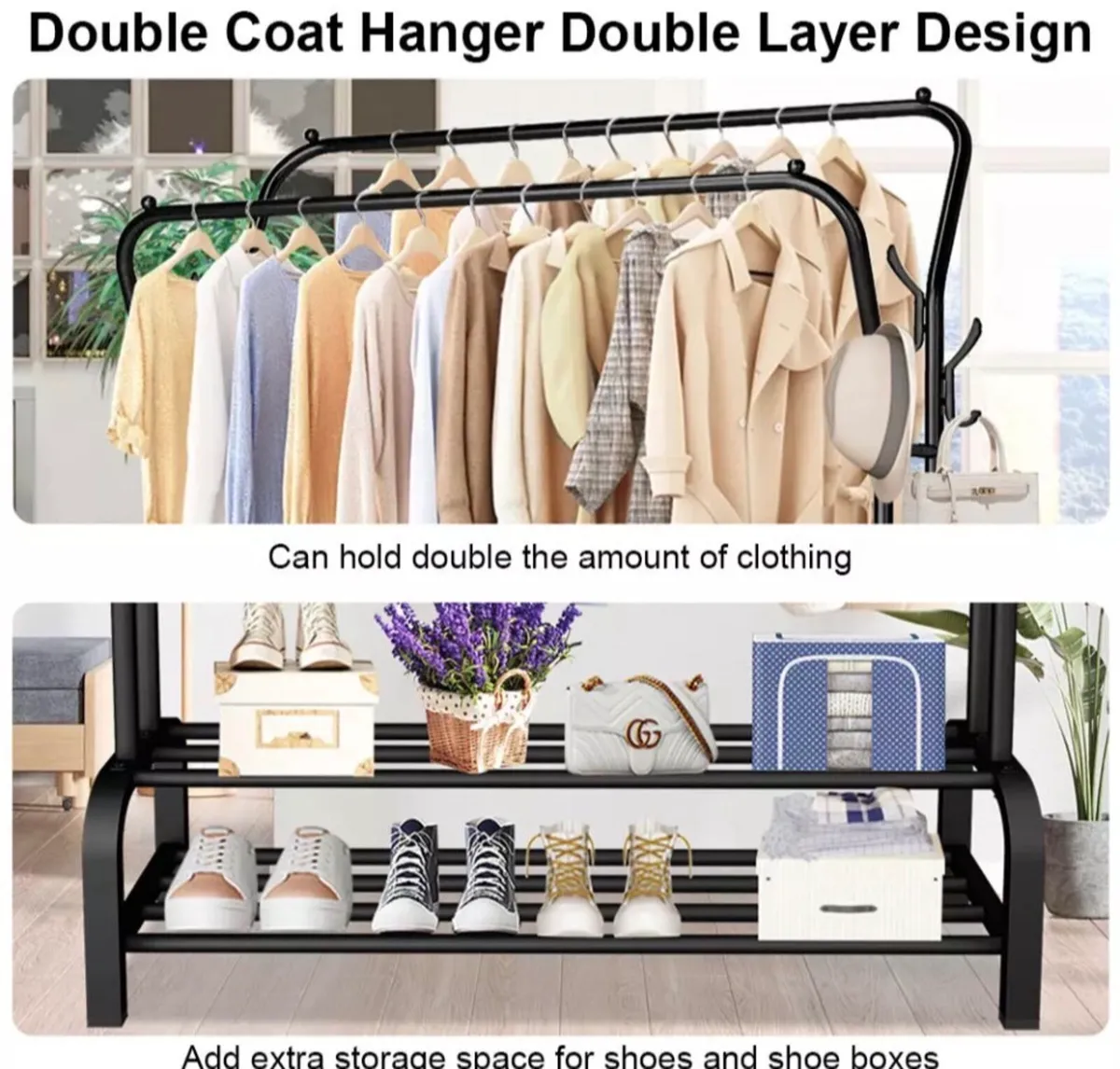 Metal Double Rail Clothes Garment Rack & Shelves - Image 4