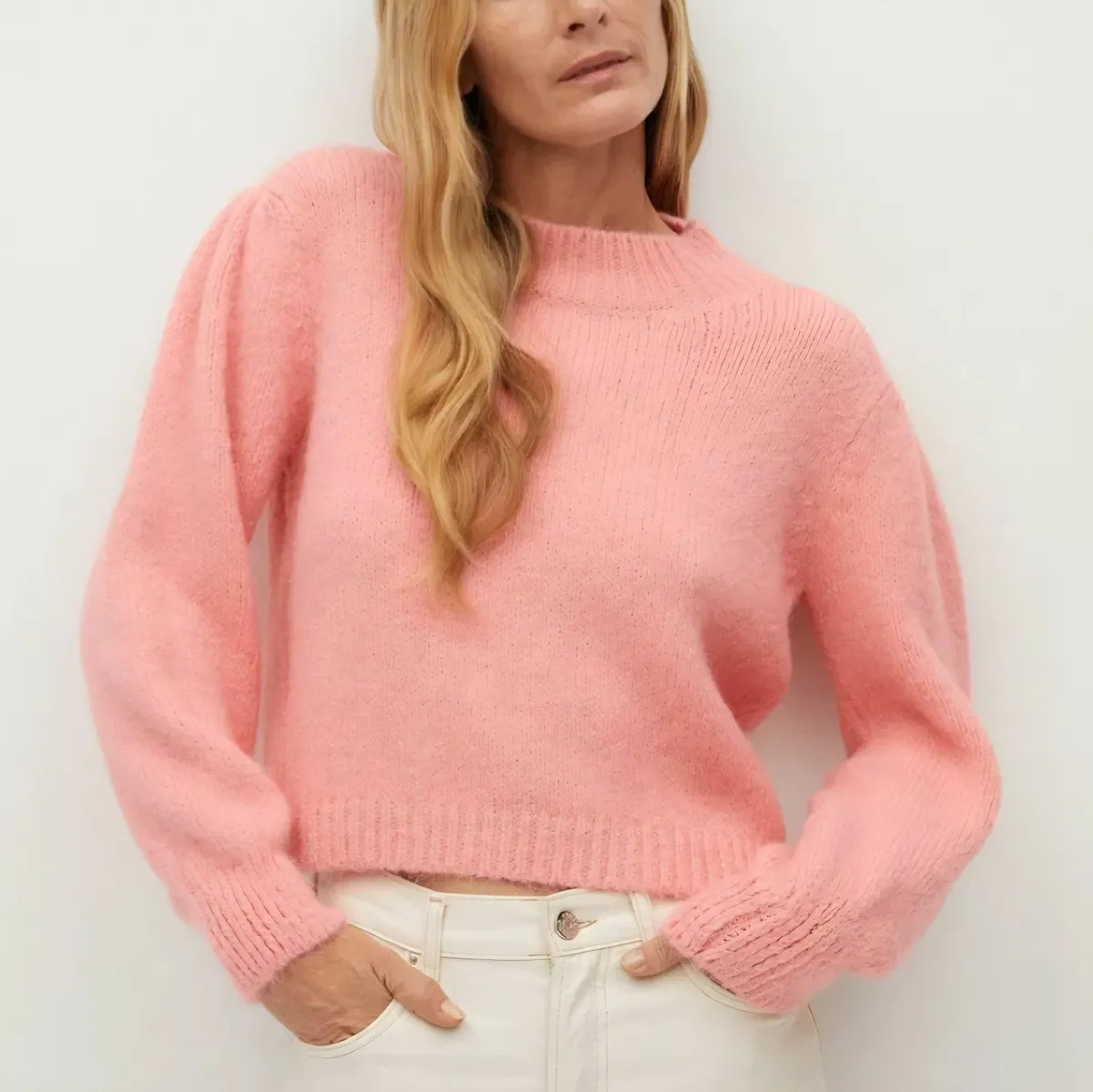 Mango Coral Pink Mock Neck Puff Sleeve Jumper M - Image 3