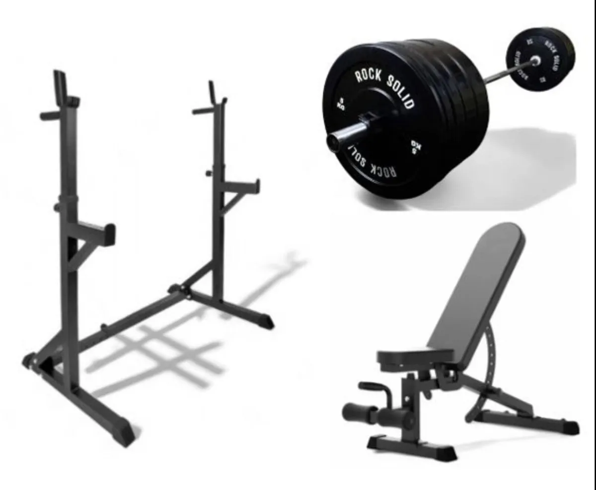 Squat rack, barbell, weight plates, bench (new) - Image 1