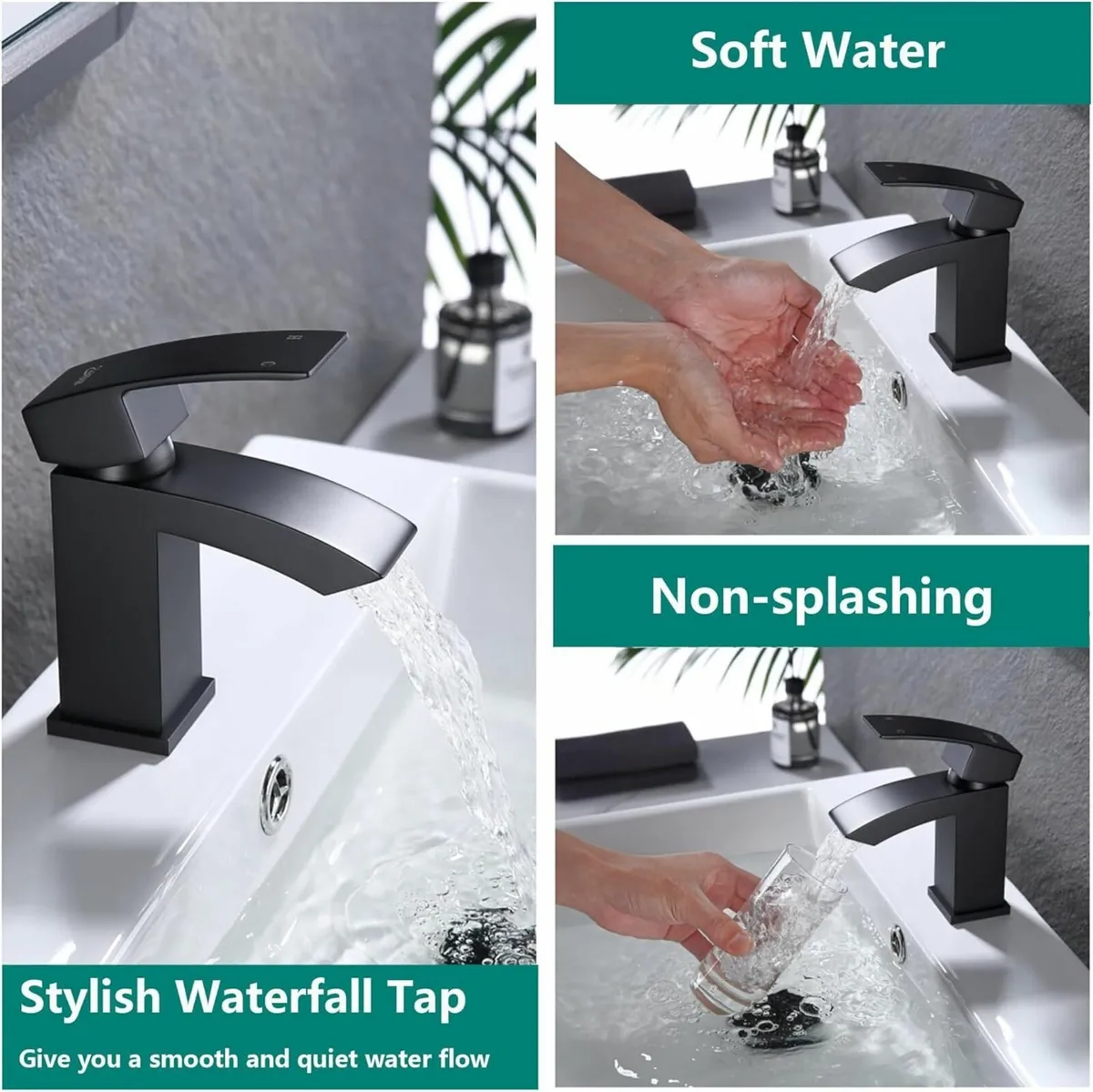 Matte Black Waterfall Bathroom Taps with Pop Up - Image 4