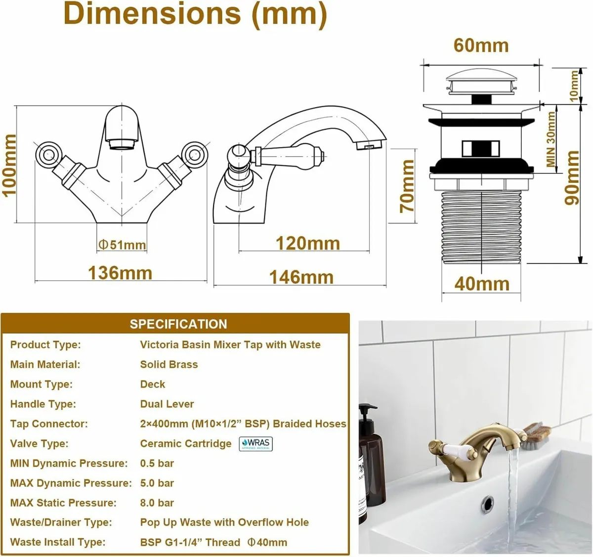 Brushed Gold Victorian Bathroom Sink Tap with - Image 3