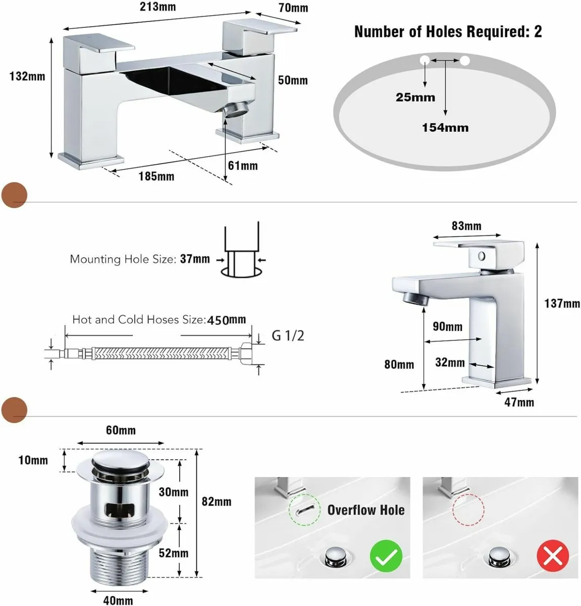 Bath Tap and Basin Taps with Waste Set Modern - Image 3