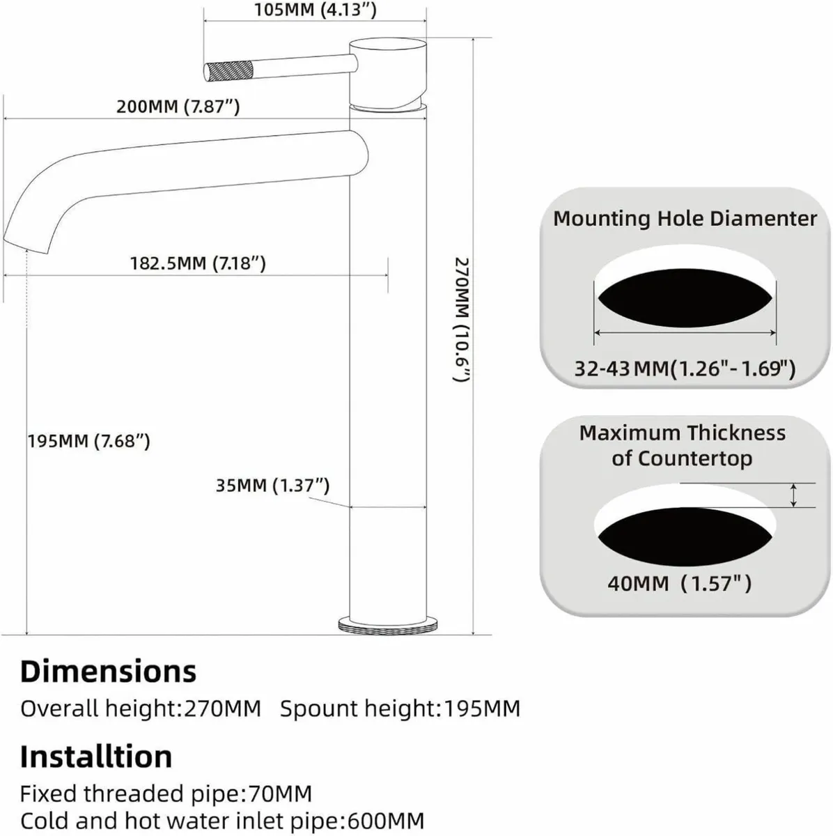 Tall Bathroom Basin Mixer Taps High Rise Faucet - Image 2