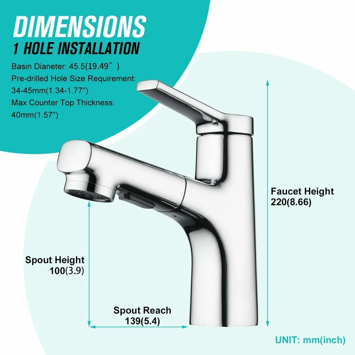 Pull Out Bathroom Mixer Basin Tap One Hole - Image 2