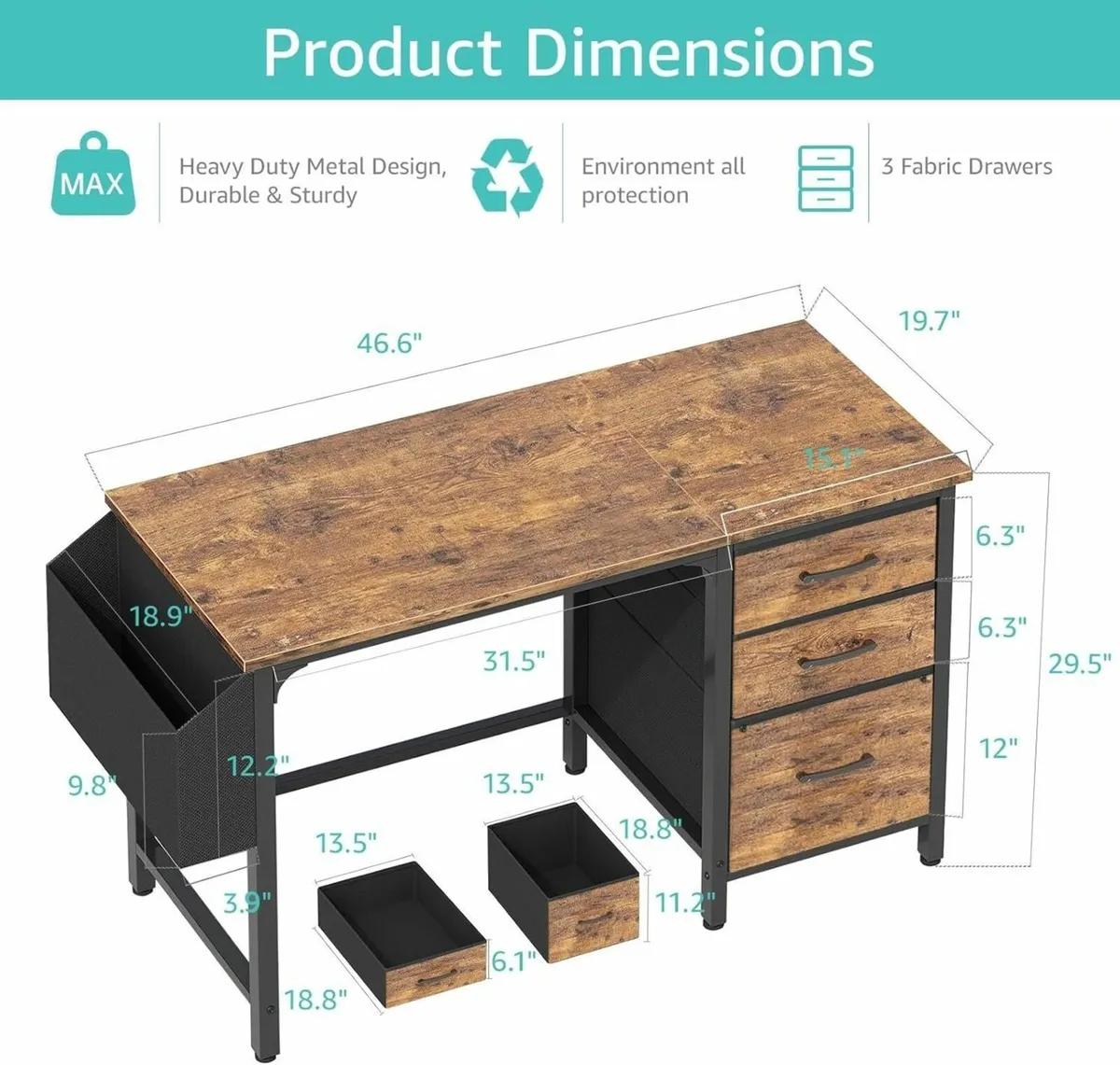 Computer Desk with Fabric File Drawers 120cm - Image 3