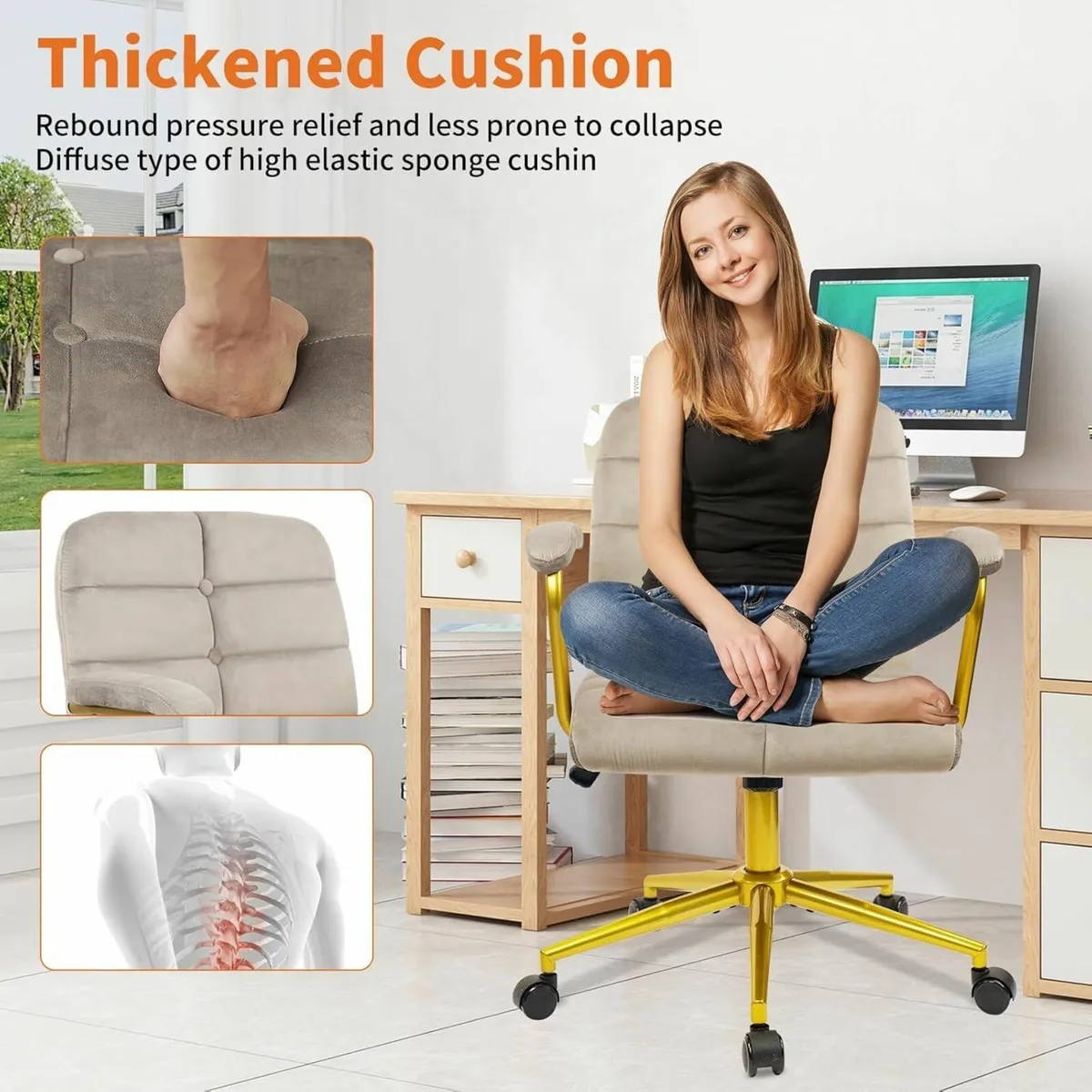 Velvet Home Office Desk Chair Fabric Upholstered - Image 4