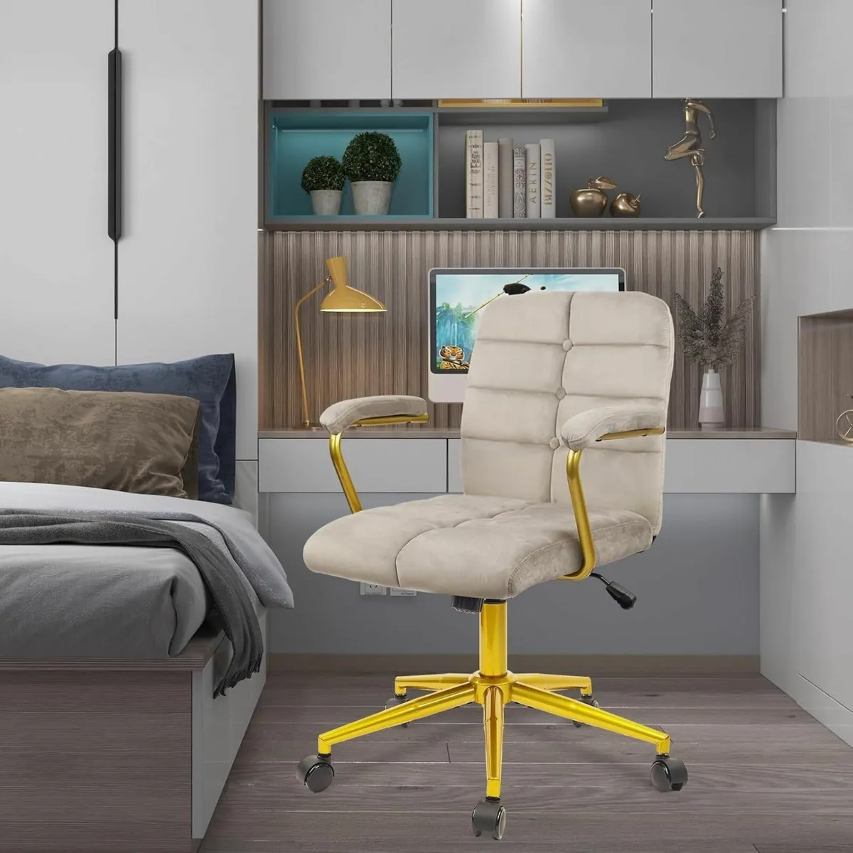 Velvet Home Office Desk Chair Fabric Upholstered - Image 2