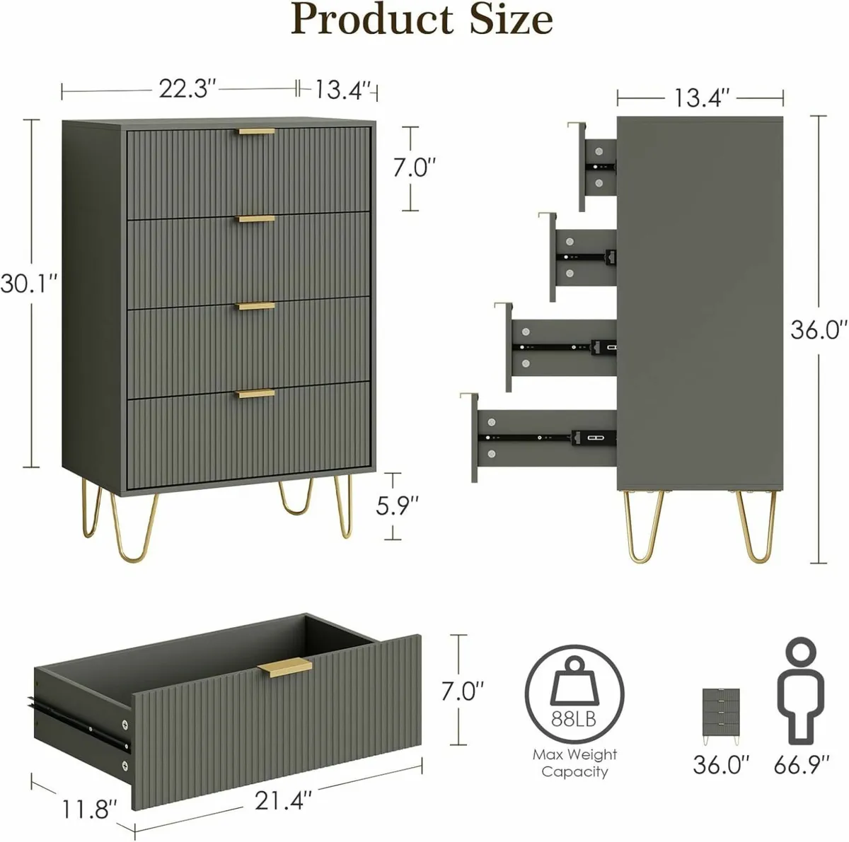 Grey Chest of 4 Drawers for Bedroom 60x34x91cm - Image 2