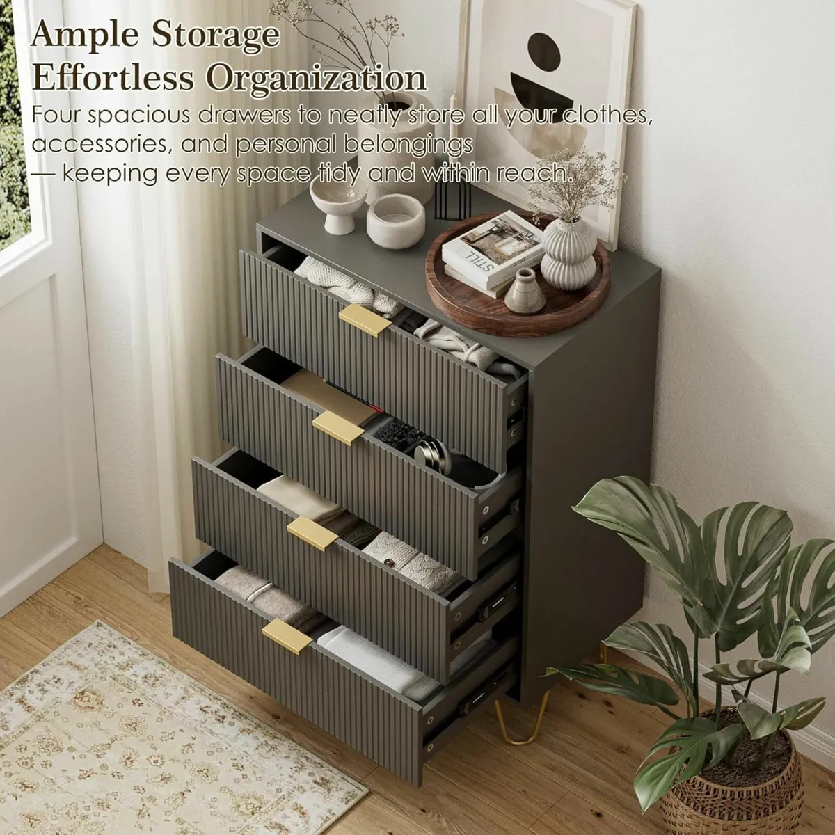 Grey Chest of 4 Drawers for Bedroom 60x34x91cm - Image 3