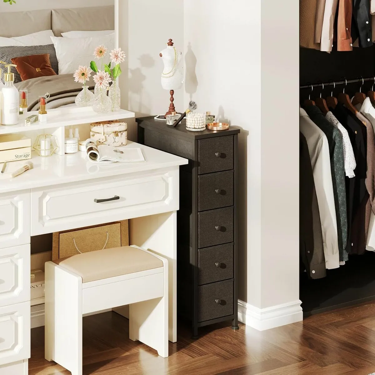 Narrow Chest of Drawers 5 Drawer Dresser Fabric - Image 2