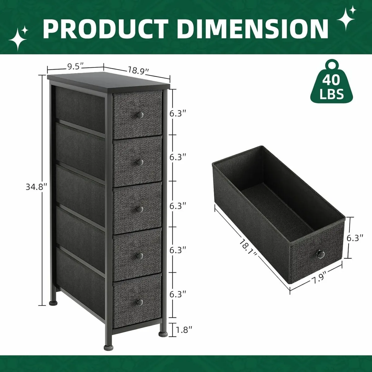 Narrow Chest of Drawers 5 Drawer Dresser Fabric - Image 3