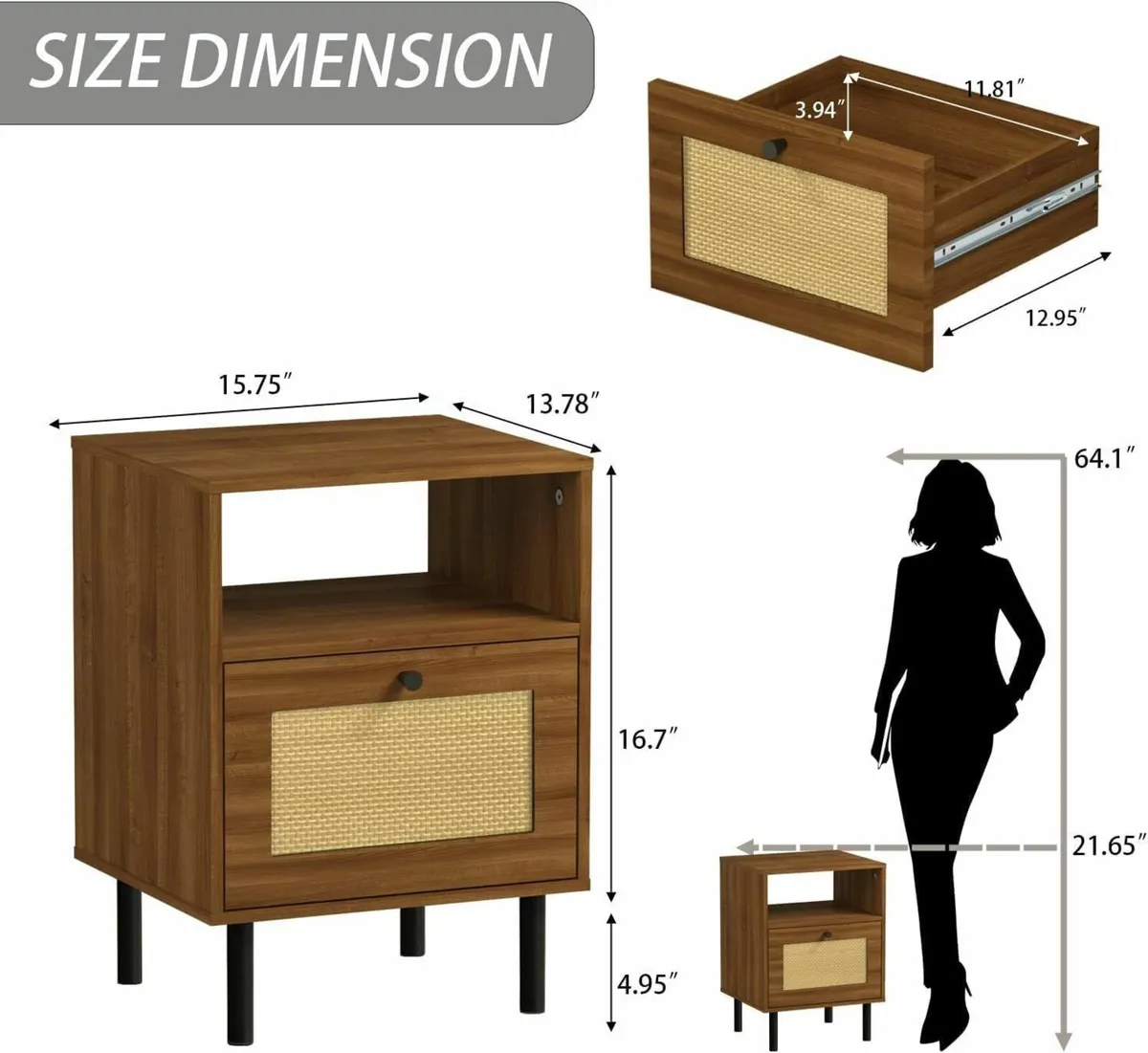 Rattan Nightstand with Storage Boho Modern - Image 3