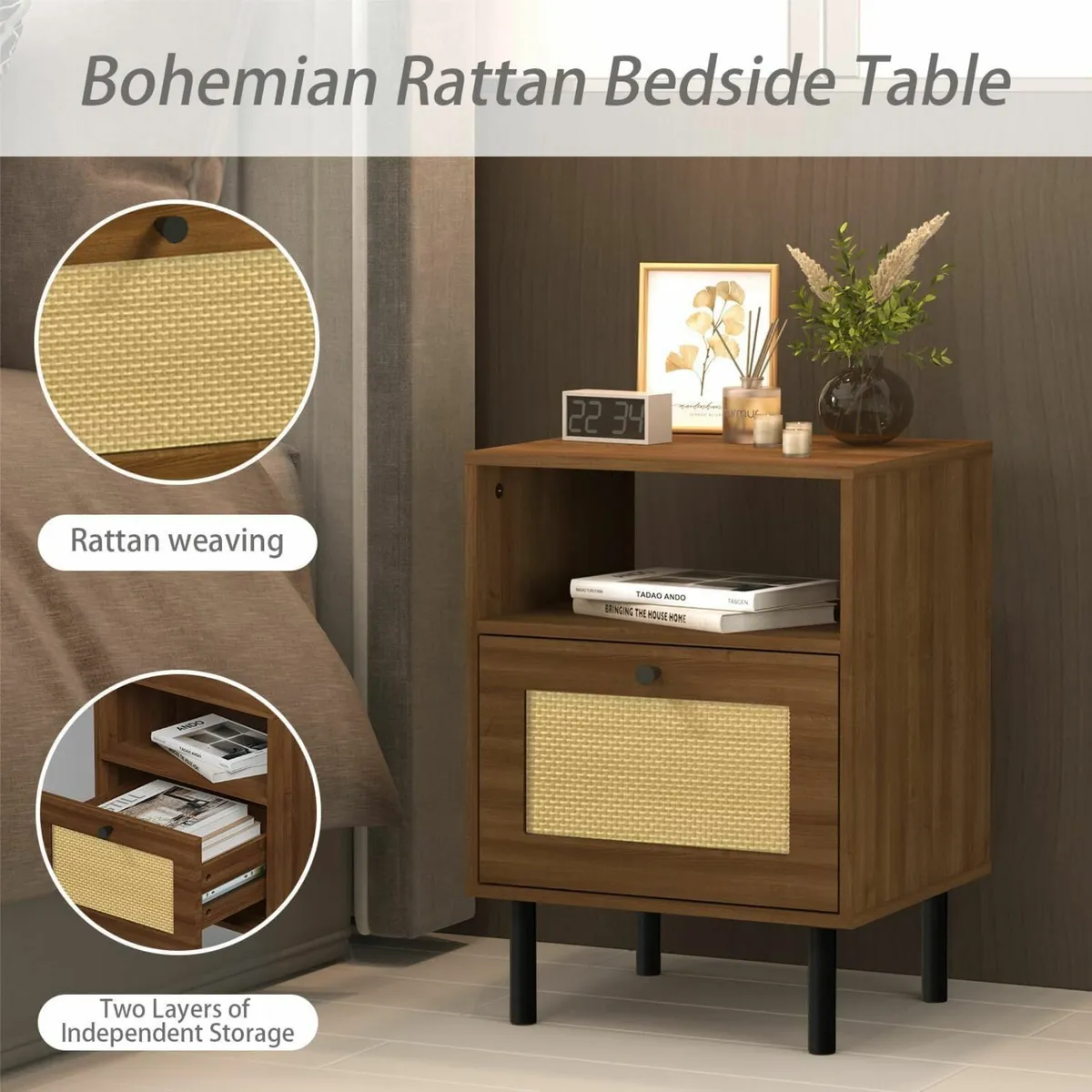 Rattan Nightstand with Storage Boho Modern - Image 4
