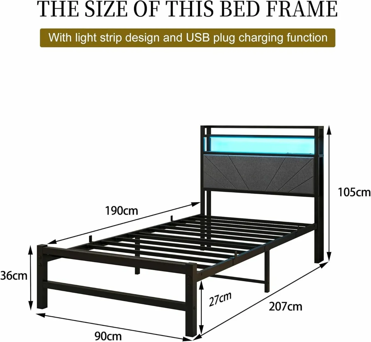 3ft Single Size Bed Frame with LED Lights Storage - Image 2