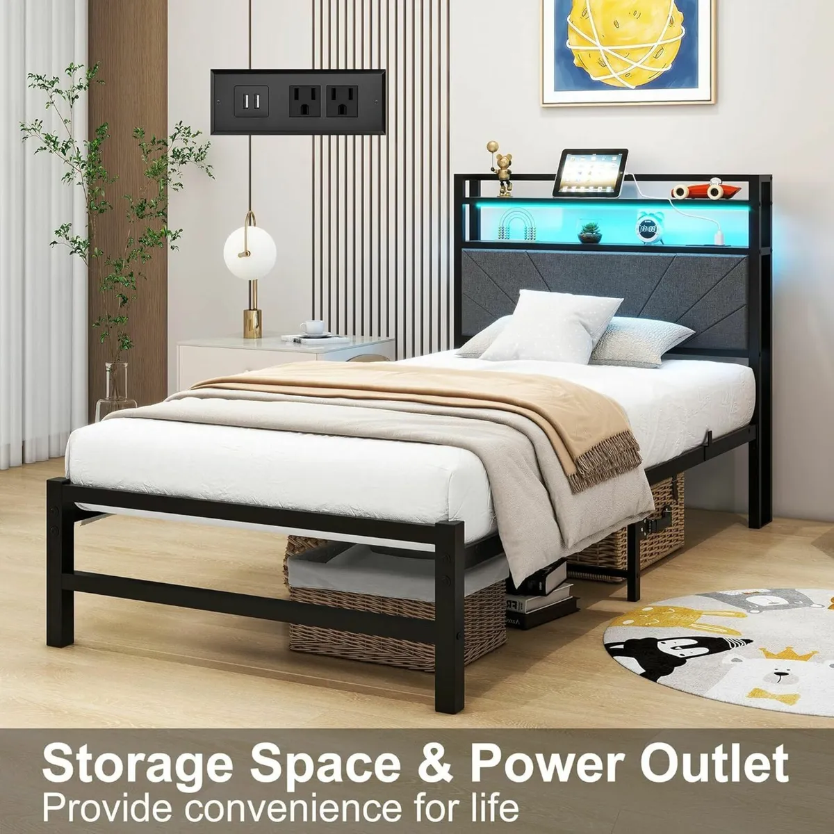 3ft Single Size Bed Frame with LED Lights Storage - Image 4