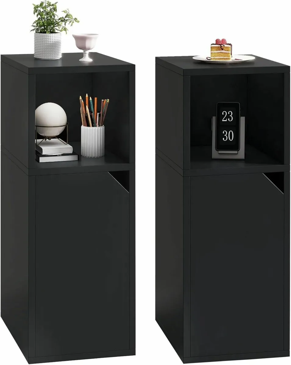 Narrow Bedside Table Set of 2 Slim Side with Open - Image 1