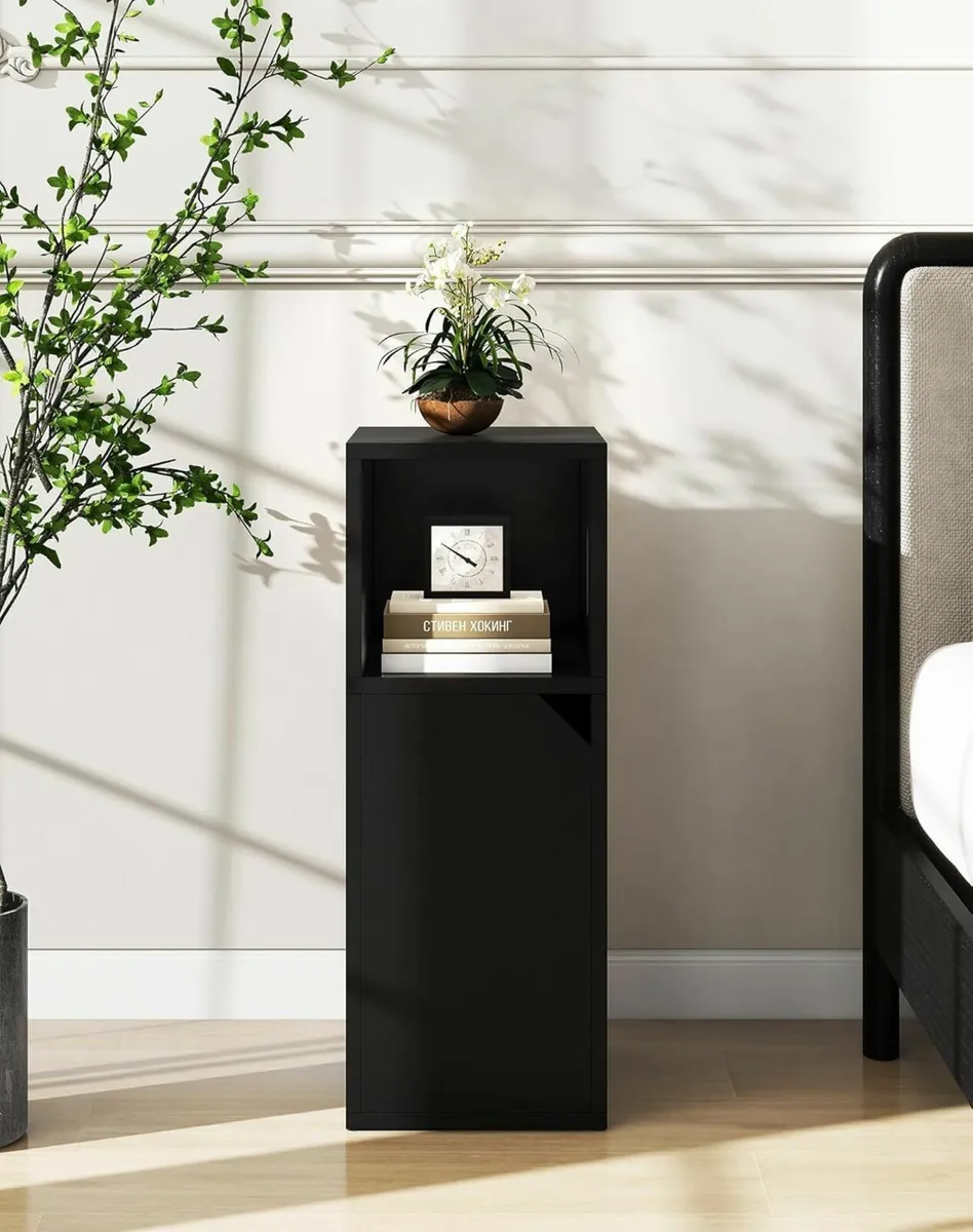 Narrow Bedside Table Set of 2 Slim Side with Open - Image 2