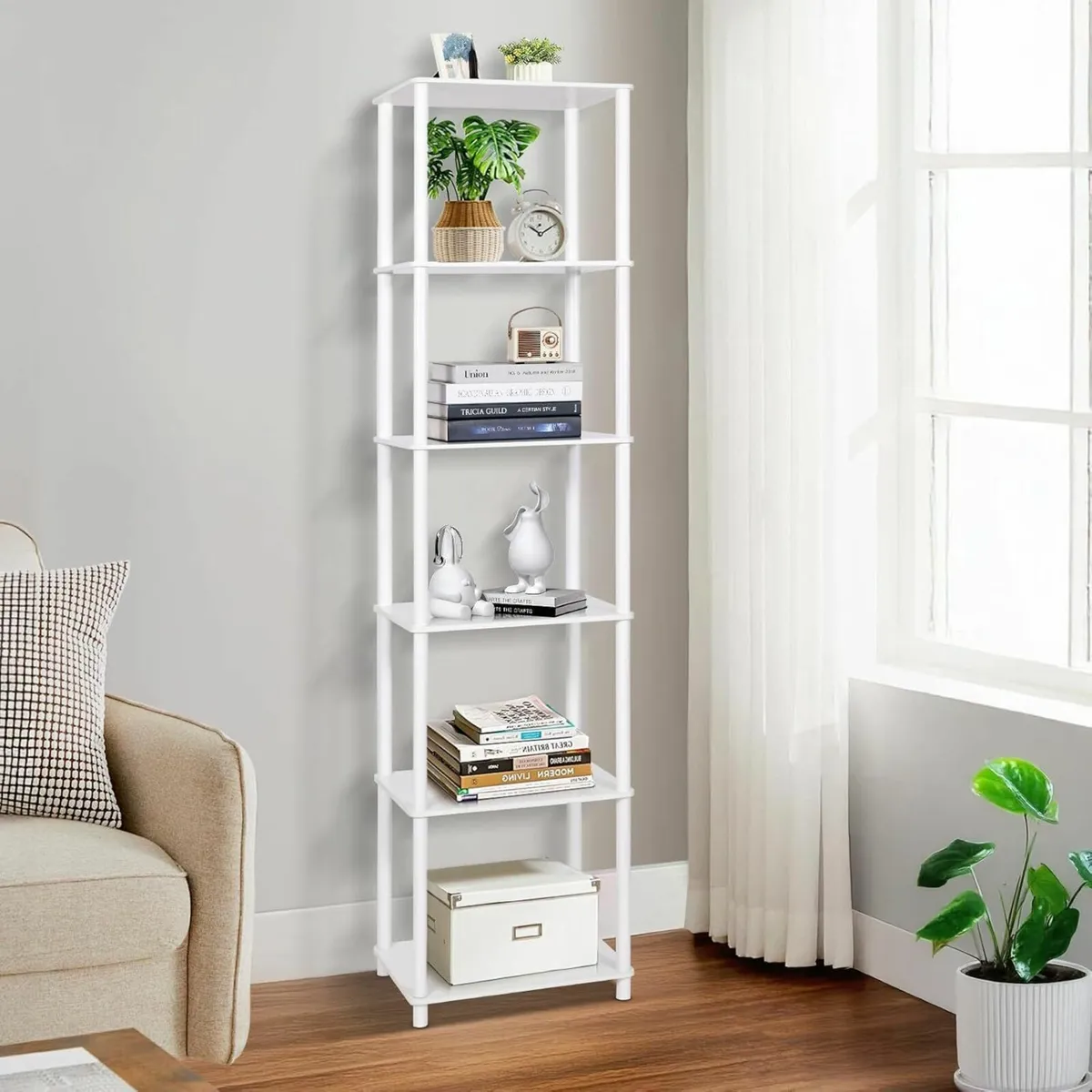 White Tall Narrow Shelving Unit 6 Tier Bookshelf - Image 1