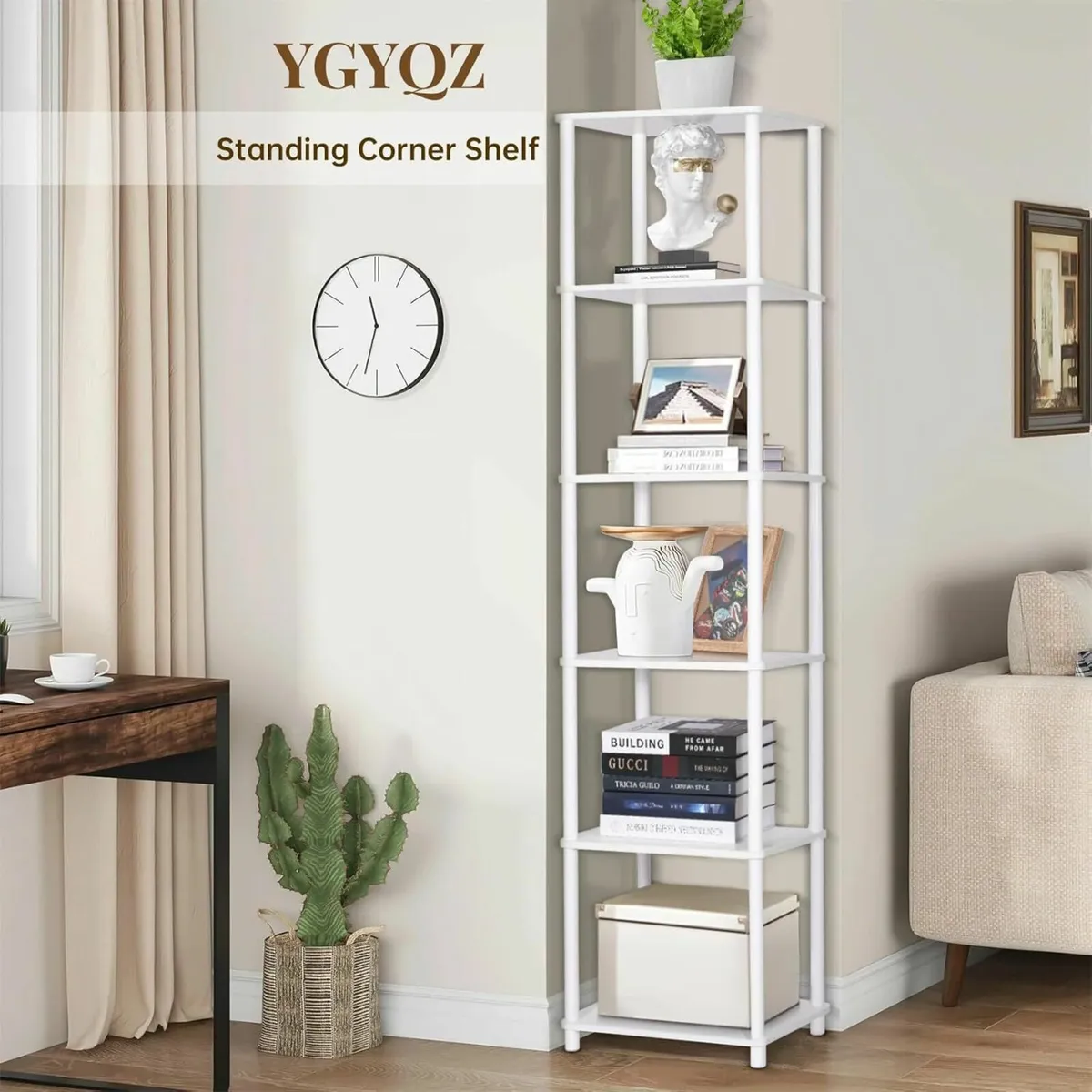 White Tall Narrow Shelving Unit 6 Tier Bookshelf - Image 3