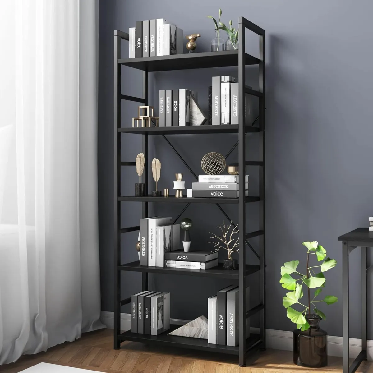 Industrial Bookshelf 5 Tier Wood with Open - Image 1
