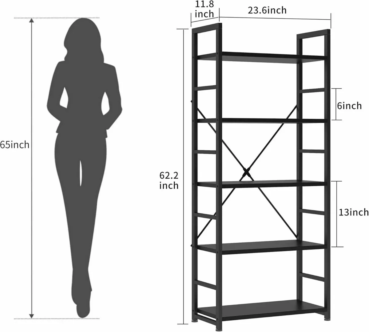 Industrial Bookshelf 5 Tier Wood with Open - Image 2