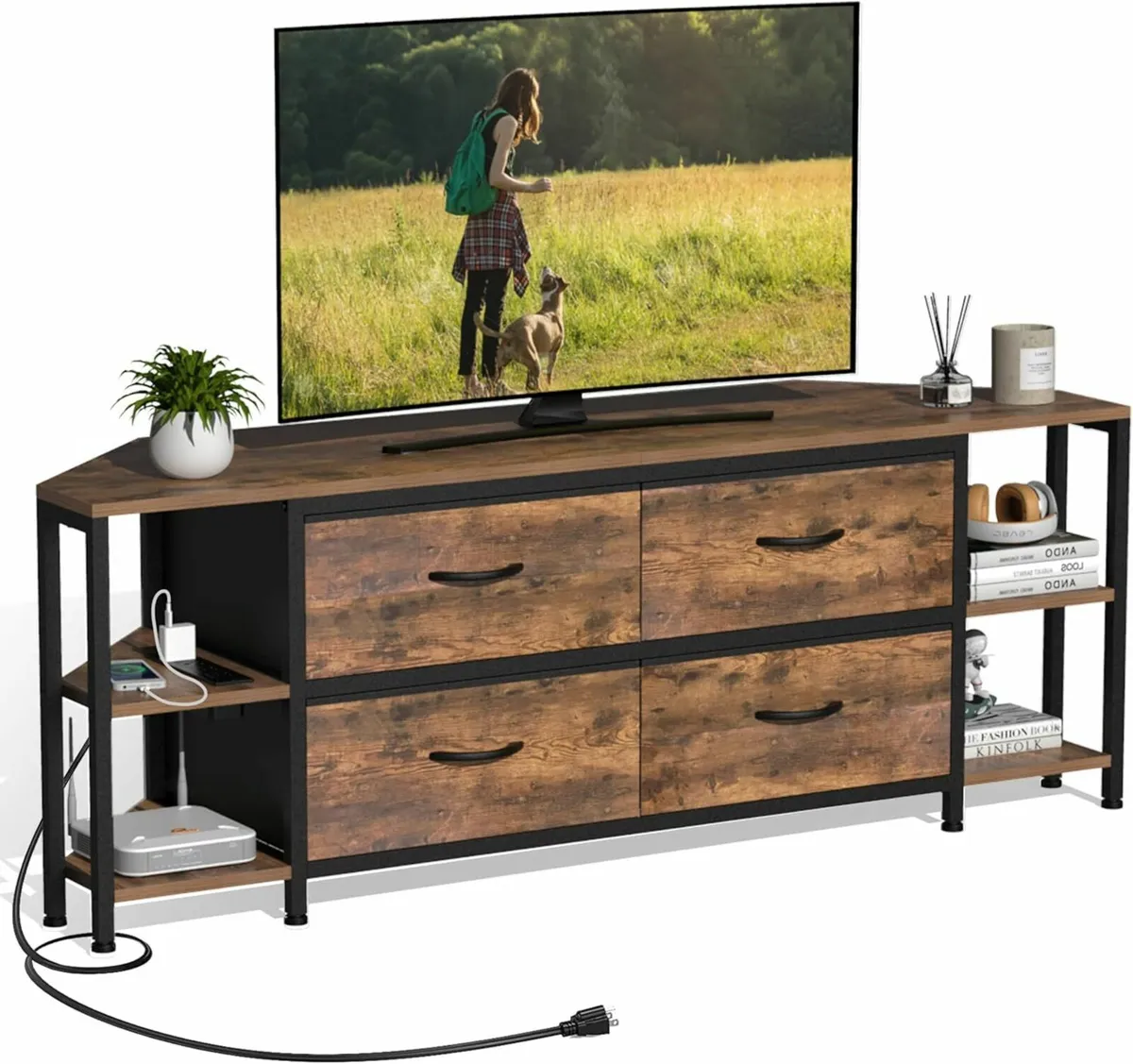 Corner TV Stand with 4 Drawers Built‑in Power - Image 1