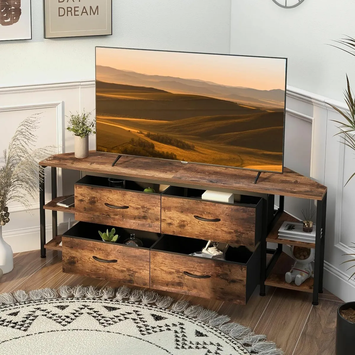 Corner TV Stand with 4 Drawers Built‑in Power - Image 2
