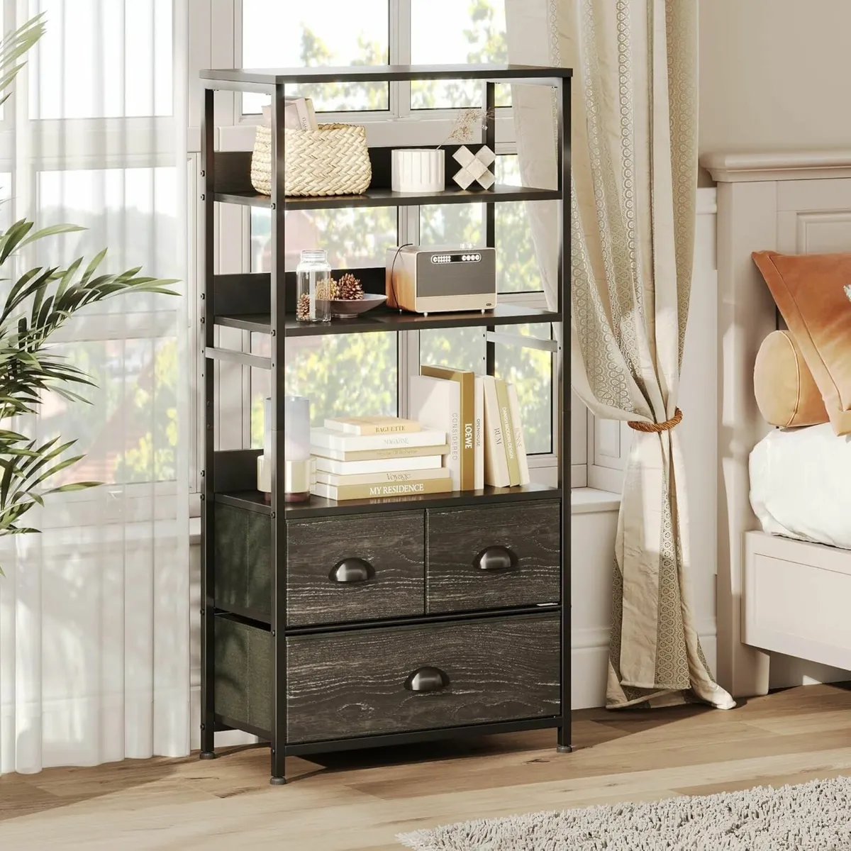 4-Tier Industrial Bookshelf with 3 Fabric Drawers - Image 1