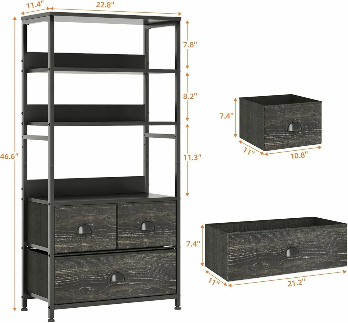 4-Tier Industrial Bookshelf with 3 Fabric Drawers - Image 2