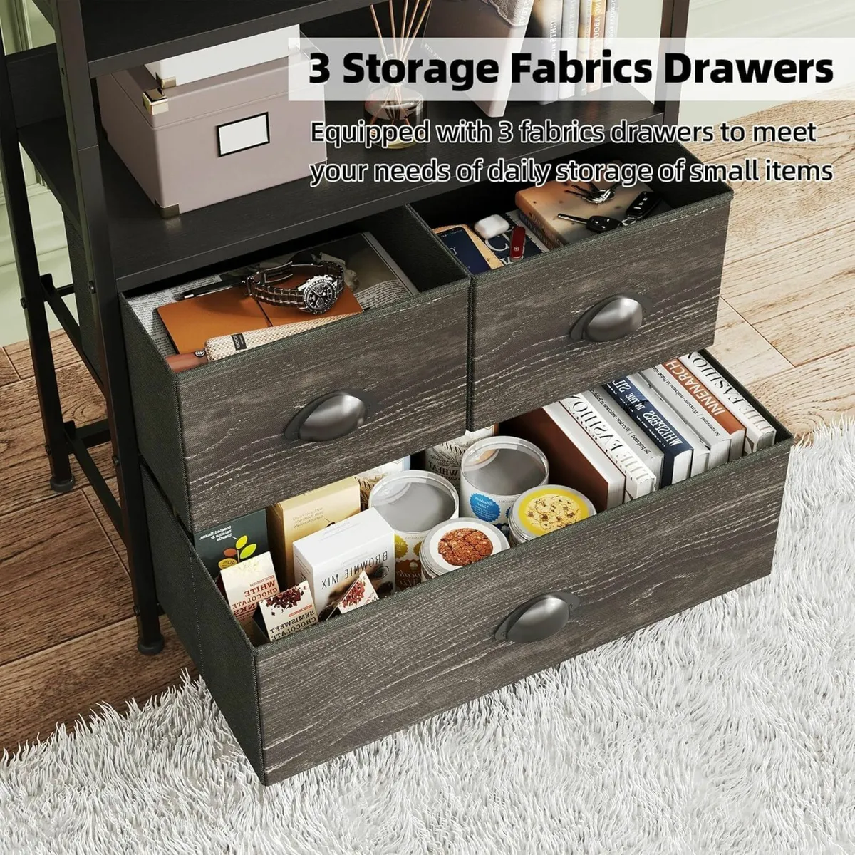 4-Tier Industrial Bookshelf with 3 Fabric Drawers - Image 3