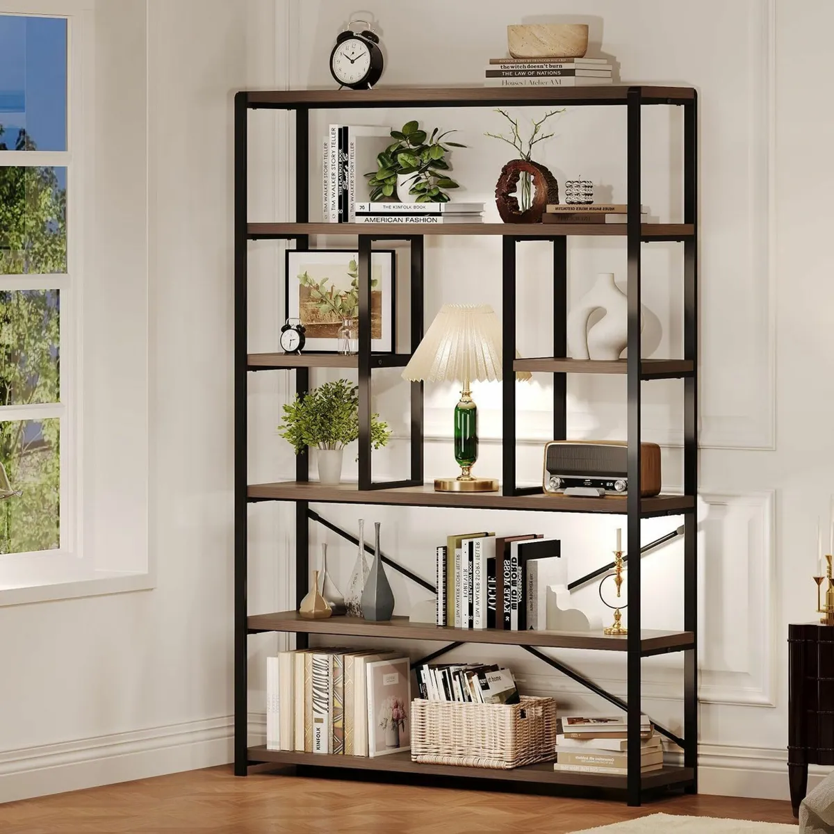 Tall Industrial Etagere Bookcase Modern Wood - Image 1