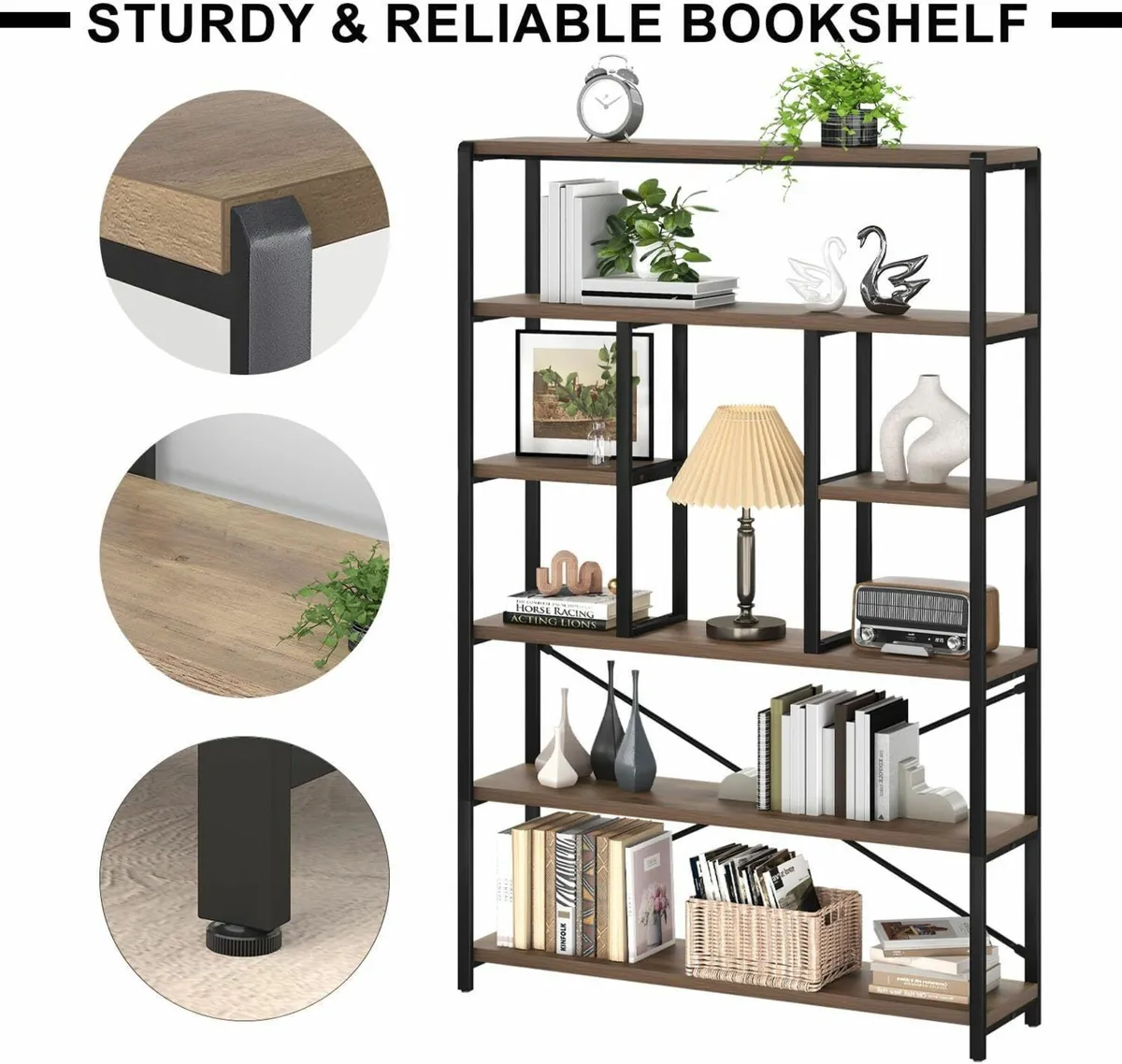 Tall Industrial Etagere Bookcase Modern Wood - Image 4