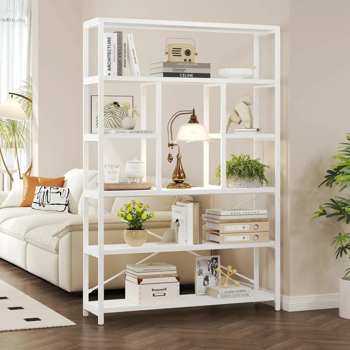 Bookcase Modern 6 Tier Tall White Bookshelf Metal - Image 3