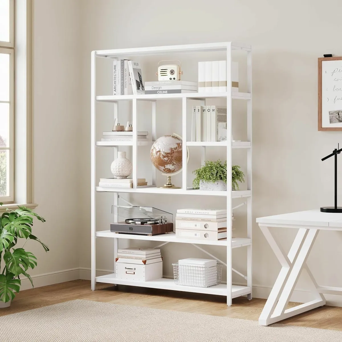 Bookcase Modern 6 Tier Tall White Bookshelf Metal - Image 1