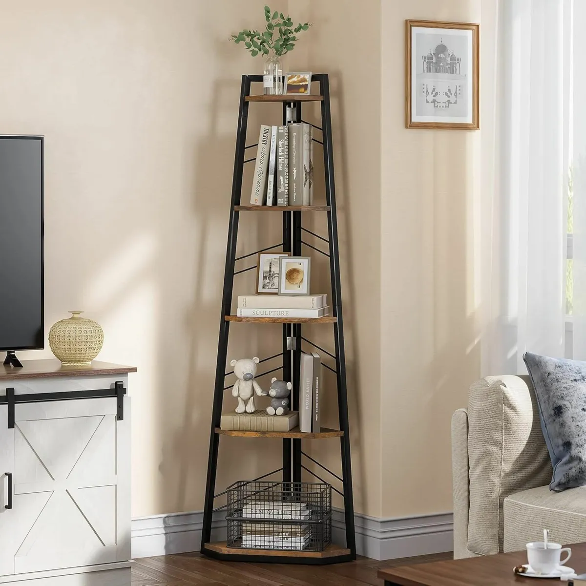 Corner Shelf 5 Tiers Industrial Bookshelf Modern - Image 1