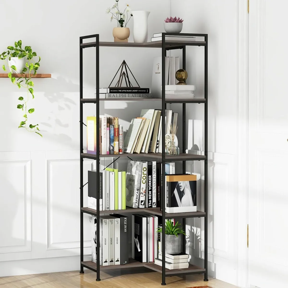 5-Shelf Corner Bookshelf Large Modern Bookcase - Image 4