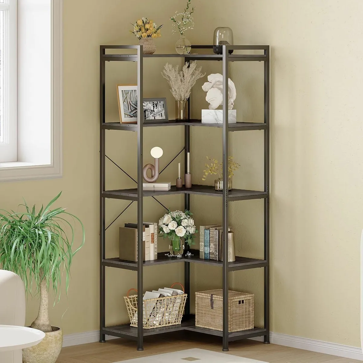 5-Shelf Corner Bookshelf Large Modern Bookcase - Image 1