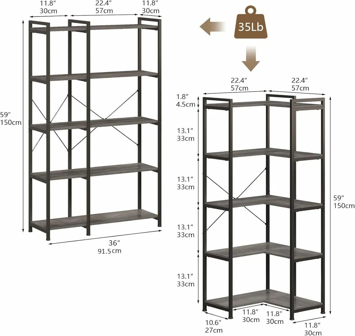 5-Shelf Corner Bookshelf Large Modern Bookcase - Image 2