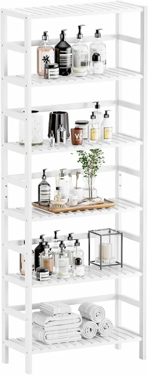 White Bookshelf 6-Tier Adjustable Tall Bookcase - Image 1